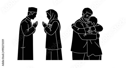 Illustration of people in traditional Muslim clothing exchanging greetings and hugs