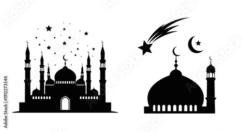 Silhouette of mosques, stars, crescent moon, and shooting star for Islamic theme