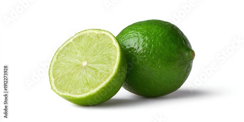 Fresh whole and sliced green lime on white background
