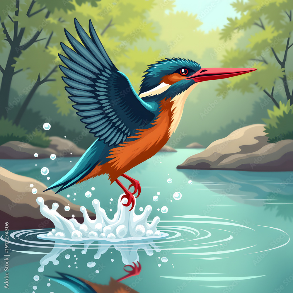 Fototapeta premium common kingfisher diving into river water to catch fish