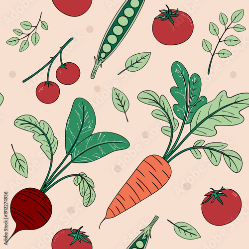 Seamless vegetable pattern with carrots, radishes, tomatoes and pea pods on pink background.