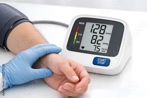 A hand in a blue glove takes blood pressure readings from a patient using a digital monitor. The device shows systolic and diastolic values along with pulse rate