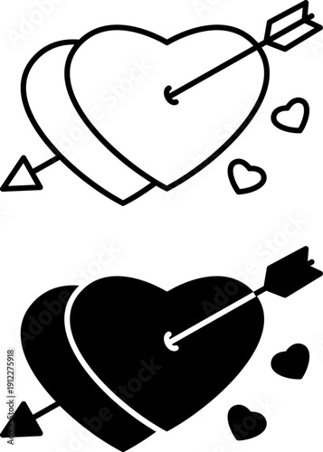Cupid Icons. Line and Glyph Vector Icons. Two Hearts Pierced by an Arrow. Love, Passion, Attraction, Emotions