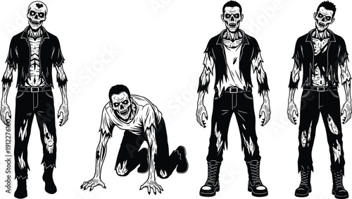 Scary zombie silhouettes set, undead walking corpses for Halloween, horror character graphics, monster collection, cad drawing flat vector illustration collection