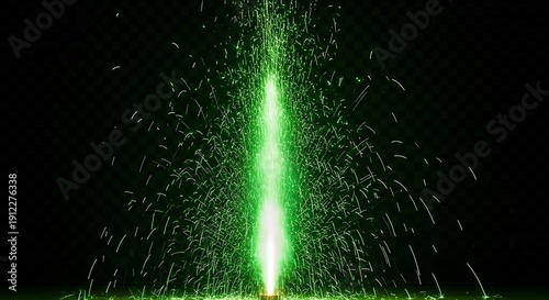 Vibrant Green Firework Fountain with Glowing Sparks Isolated on Dark Background
