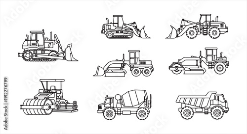 Construction Vehicle Icon Set – Heavy Machinery Line Vector for Engineering and Infrastructure Work