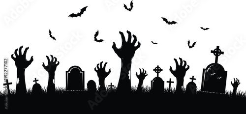 Halloween graveyard silhouette with zombie hands rising from graves, spooky bats flying over cemetery, horror night scene, cad drawing flat vector illustration
