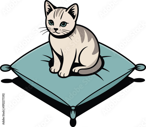 Kotki cute kitten sitting calmly on soft pillow with simple clean style