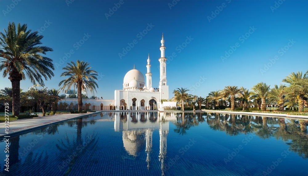 Naklejka premium beautiful mosque with palm trees and reflecting pool under a clear blue sky