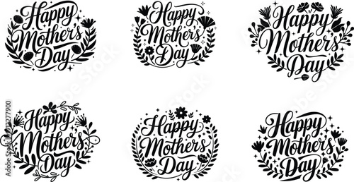 Happy Mothers Day Calligraphy Vector Set with Floral Wreaths and Typography