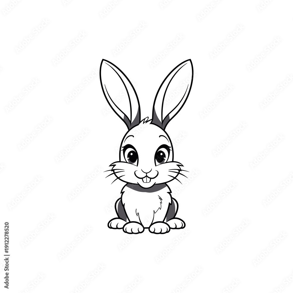 Fototapeta premium Cute Cartoon Grey Rabbit Illustration on Blue Background, Adorable Sitting Baby Bunny with Large Ears and Pink Cheeks.