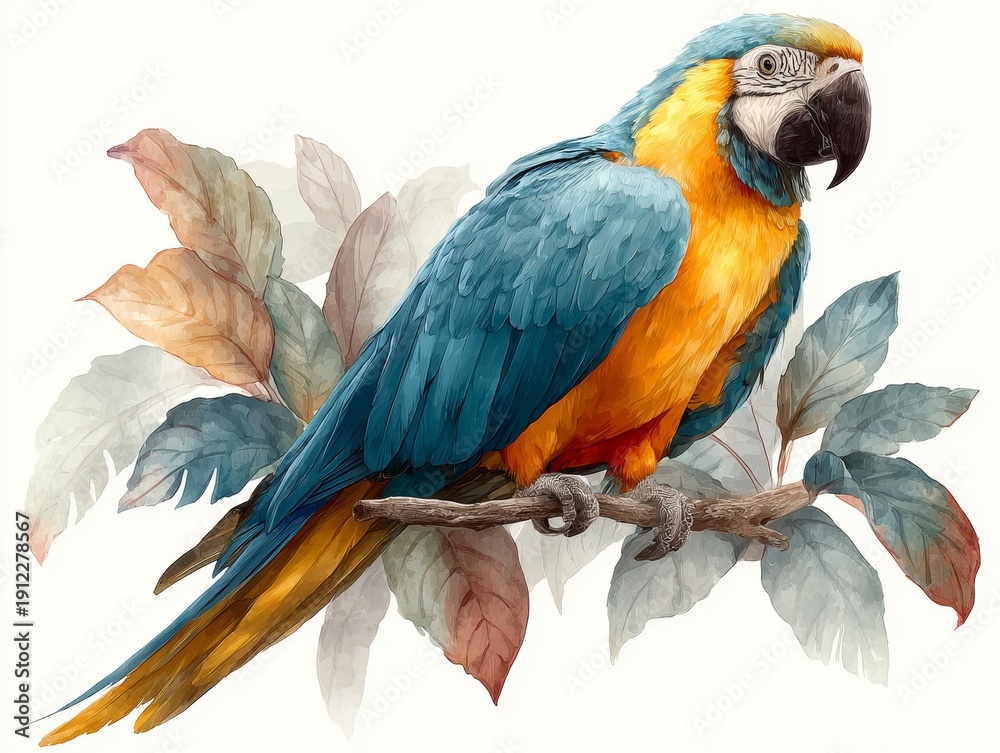 Obraz premium A lively, whimsical watercolor depicting a chibi cartoon parrot perched on a verdant tropical branch, with vivid hues blending into a playful backdrop