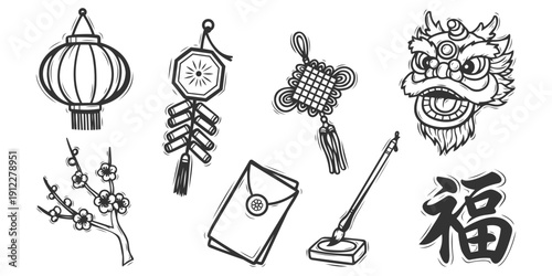 Lunar Chinese New Year icons elements set of Lion Dance, lantern, firecracker, knot tassel, plum blossom branch (Mei Hua), envelope (Ang Pao), and calligraphy brush illustration