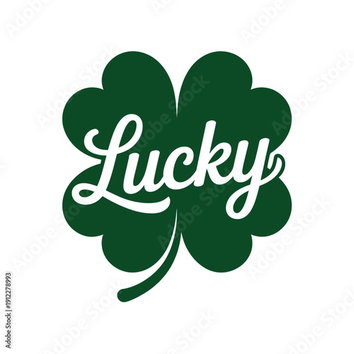 Green lucky shamrock with the word 'Lucky' written in cursive.