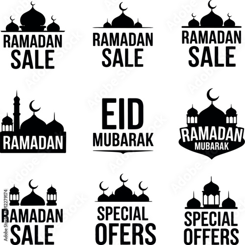 A collection of Ramadan sale and Eid Mubarak logos with mosque silhouettes on a white background