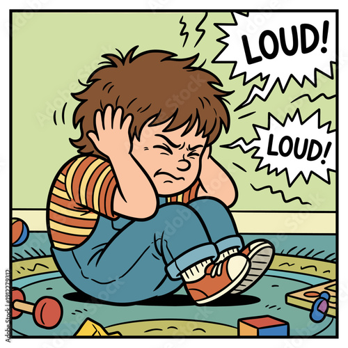 Child holds ears and is upset due to loud sounds and noise in a playroom setting on a sunny afternoon cartoon line art vector