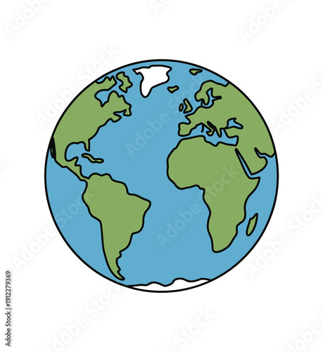 A colorful cartoon illustration of the Earth from space with green continents and blue oceans