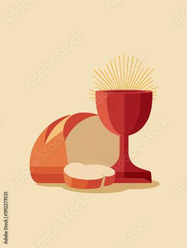 Broken bread and chalice with wine, symbols of Eucharist and Holy Communion, minimalist vector illustration in warm earthy tones for Holy Week and Easter sacrament concept