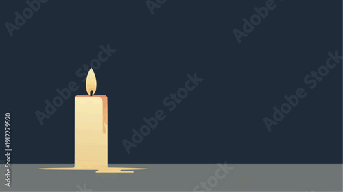 Minimalist vector illustration of a single burning candle with a warm flame and melting wax on a dark blue background.