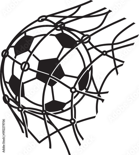 Professional black silhouette vector of a soccer ball bulging the back of a net. High-quality dynamic design ideal for football goal celebration graphics, tournament branding, and sports club logos.