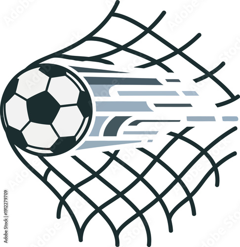 Dynamic vector illustration of a soccer ball flying into a goal net with speed motion lines. High-quality graphic ideal for football tournament branding, sports club logos, and athletic retail graphic