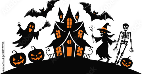 Halloween haunted house illustration, spooky ghost, witch, skeleton, bats, jack-o’-lantern pumpkins, dark night festive vector, scary holiday design