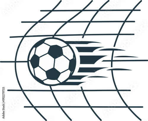Professional dark silhouette vector of a soccer ball hitting the back of the net with speed motion lines. Ideal for football goal celebration graphics, tournament branding, and sports club logos.