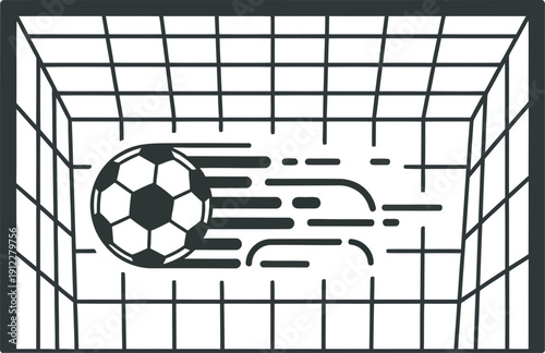Professional dark silhouette vector of a soccer ball hitting the back of the net. High-quality dynamic design ideal for football club branding, tournament logos, and athletic equipment retail graphics