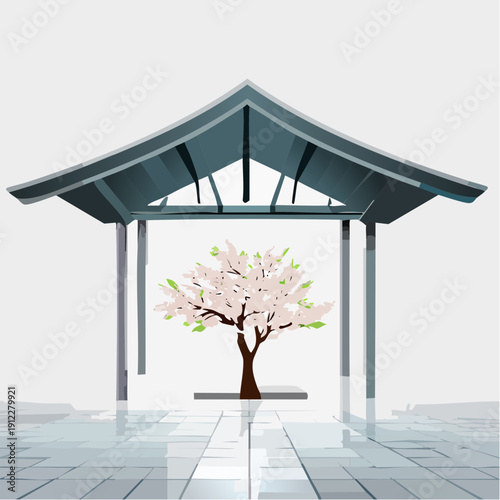 Tranquil cherry blossom tree under a modern pavilion in a serene outdoor setting