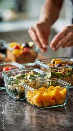 A person preparing healthy food in glass containers on a kitchen counter for meal planning and nutrition