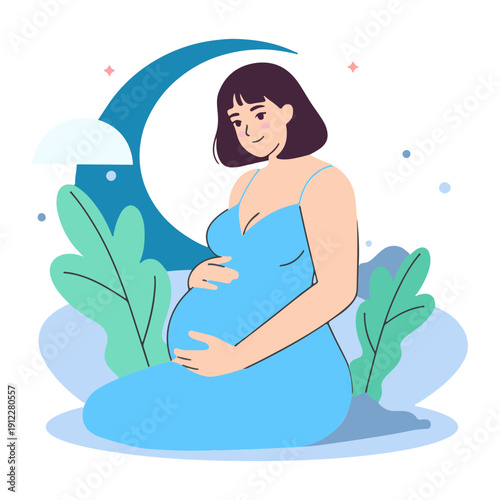 Vector illustration of a pregnant woman wearing a blue dress in a flat cartoon style.
Gentle maternity illustration representing pregnancy, care, and family values. Ideal for baby shower designs, preg