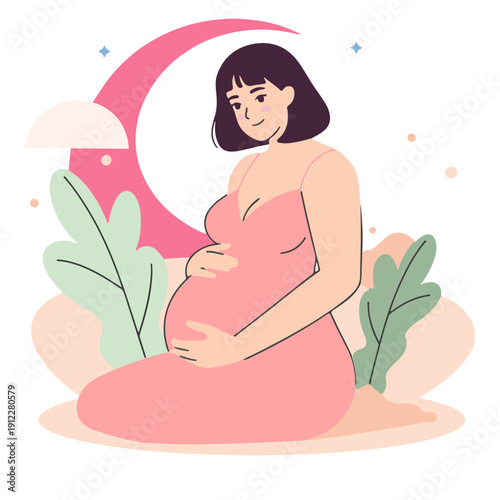 Vector illustration of a pregnant woman wearing a pink dress in a flat cartoon style.
Beautiful maternity illustration symbolizing pregnancy, motherhood, and family. Perfect for pregnancy announcement