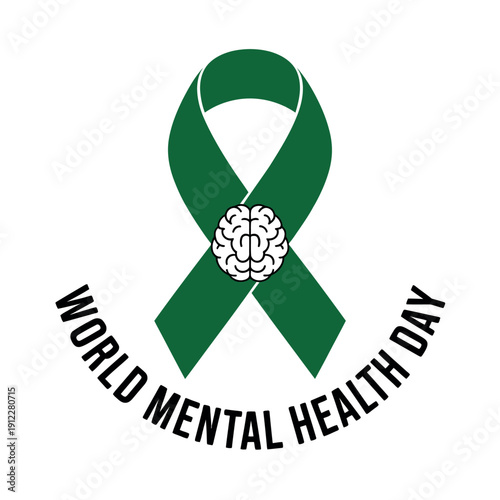 A green ribbon with a brain symbol representing World Mental Health Day awareness and support