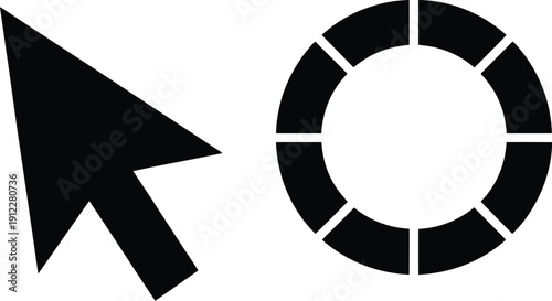 A black and white illustration of a cursor and a loading icon