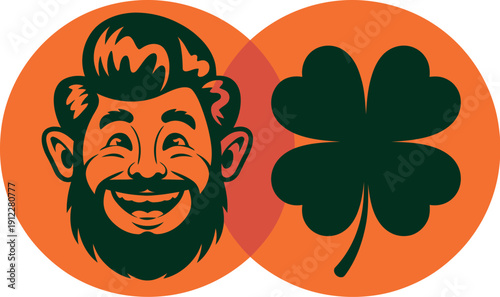 A cartoon illustration of a smiling bearded man and a four-leaf clover in orange circles