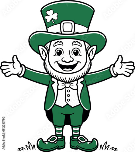 A cheerful cartoon leprechaun in green attire stands with open arms on a white background.