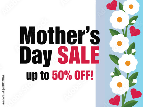 Mother's Day sale banner advertises discounts up to fifty percent off.