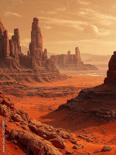 Red rock formations and towering sandstone buttes rise from a vast desert valley under an orange sky. 