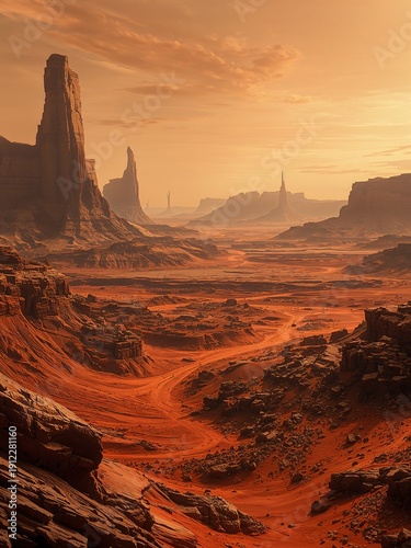 Red rock formations and towering sandstone buttes rise from a vast desert valley under an orange sky. 