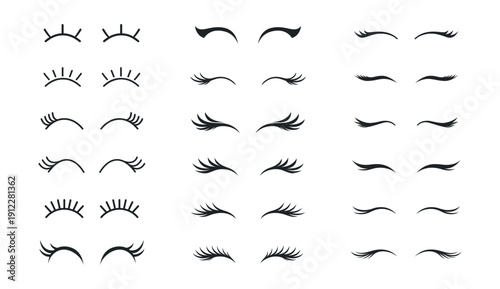 Eyelash icon set, closed eyes beauty and makeup vector collection, feminine cosmetic mascara symbols isolated on transparent background