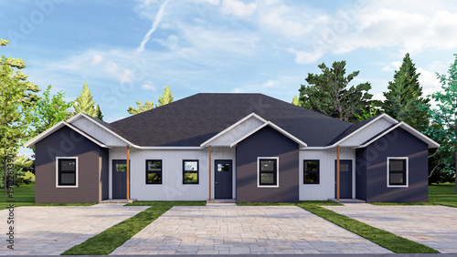 Photos Modern Triplex Townhouse Multi-Family Residential Building Exterior with Paved D