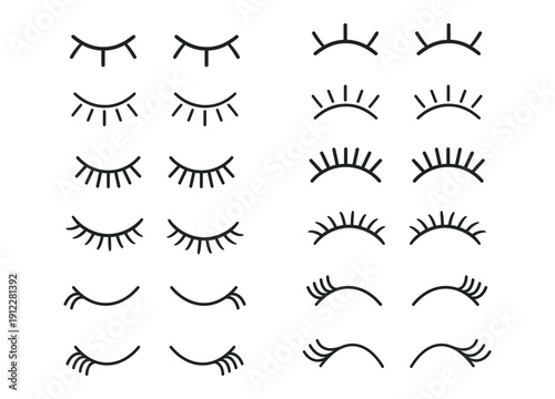 Eyelashes closed eyes vector set, cute girl eye icon for character illustration, cartoon lashes with mascara, woman makeup, sleeping beauty and unicorn style isolated on transparent background
