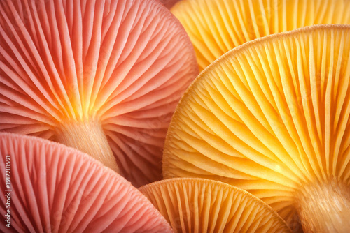 digitally enhanced macro photograph of mushroom caps 