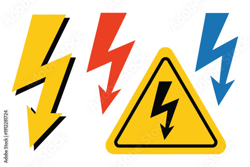 A warning sign with colorful lightning bolts indicating electrical hazard
