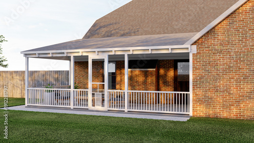 Foto Modern Suburban House Backyard with White Covered Porch and Red Brick Wall 3D Re