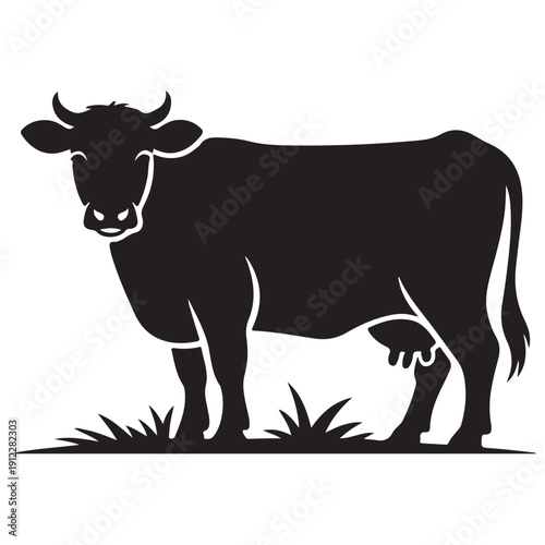 Black cow silhouette vector illustration standing on grass is perfect for farm themes, agricultural designs, and dairy industry graphics