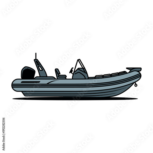 A cartoon illustration of a small inflatable motorboat on water