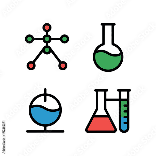 A colorful illustration of various chemistry laboratory equipment icons