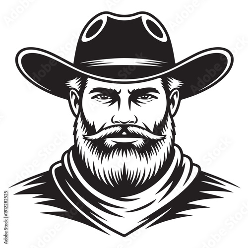 Bearded cowboy portrait vector art with classic hat and bandana neck scarf showing mature male face with mustache for barber shop logo and western themed masculine brand identity graphics