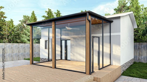 Quadro em tela Modern Glass Enclosed Sunroom Addition with Wooden Deck and Backyard Trees, 3D R